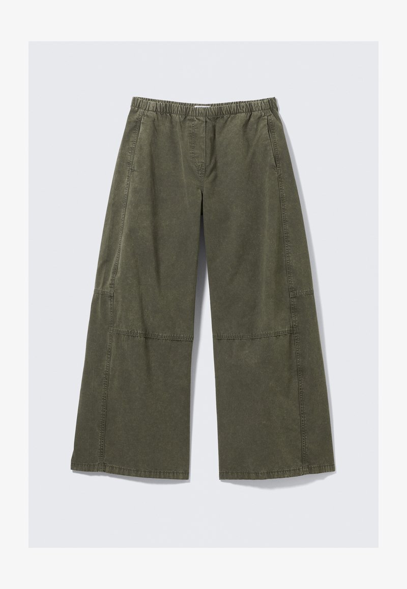 Olive green wide-leg pants with a relaxed fit, featuring an elastic waistband and contrasting stitched panels. Smooth cotton fabric.