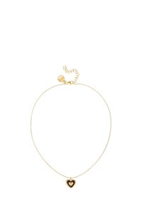 Collar de oro con una cadena delicada y un colgante en forma de corazón con un centro negro rodeado por un borde de perlas doradas. Cierre ajustable.