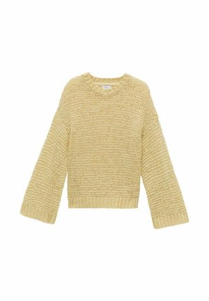 Ljusgul stickad tröja med rund halsringning, vida ärmar, ribbad nederkant och en texturerad yta. Avslappnad passform och lätt material.