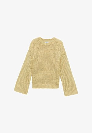 Ljusgul stickad tröja med rund halsringning, vida ärmar, ribbad nederkant och en texturerad yta. Avslappnad passform och lätt material.