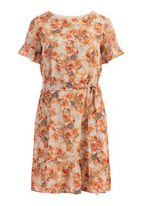 Kukallinen mekko, jossa on oranssi ja beige kuvio, lyhyet röyhelöhihaiset, vyötäröllä nauhavyö ja kerroksellinen hameen muotoilu.
