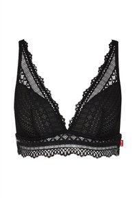 Schwarzer Spitzen-Bralette mit tiefem V-Ausschnitt, komplexen geometrischen Mustern, gezackten Kanten und einem breiten Spitzensaum am unteren Rand.