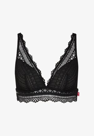 Černá krajková podprsenka s hlubokým výstřihem do V, složitými geometrickými vzory, obloukovými okraji a širokým krajkovým páskem na spodní části.