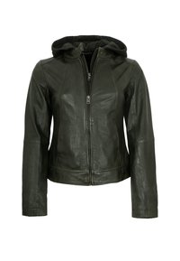 Dunkelgrüne Lederjacke mit Kapuze, Reißverschluss vorne und tailliertem Design. Verfügt über eine glatte Textur und maßgeschneiderte Fit-Details an Ärmeln und Körper.