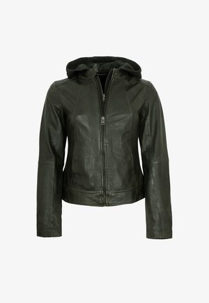 Dunkelgrüne Lederjacke mit Kapuze, Reißverschluss vorne und tailliertem Design. Verfügt über eine glatte Textur und maßgeschneiderte Fit-Details an Ärmeln und Körper.