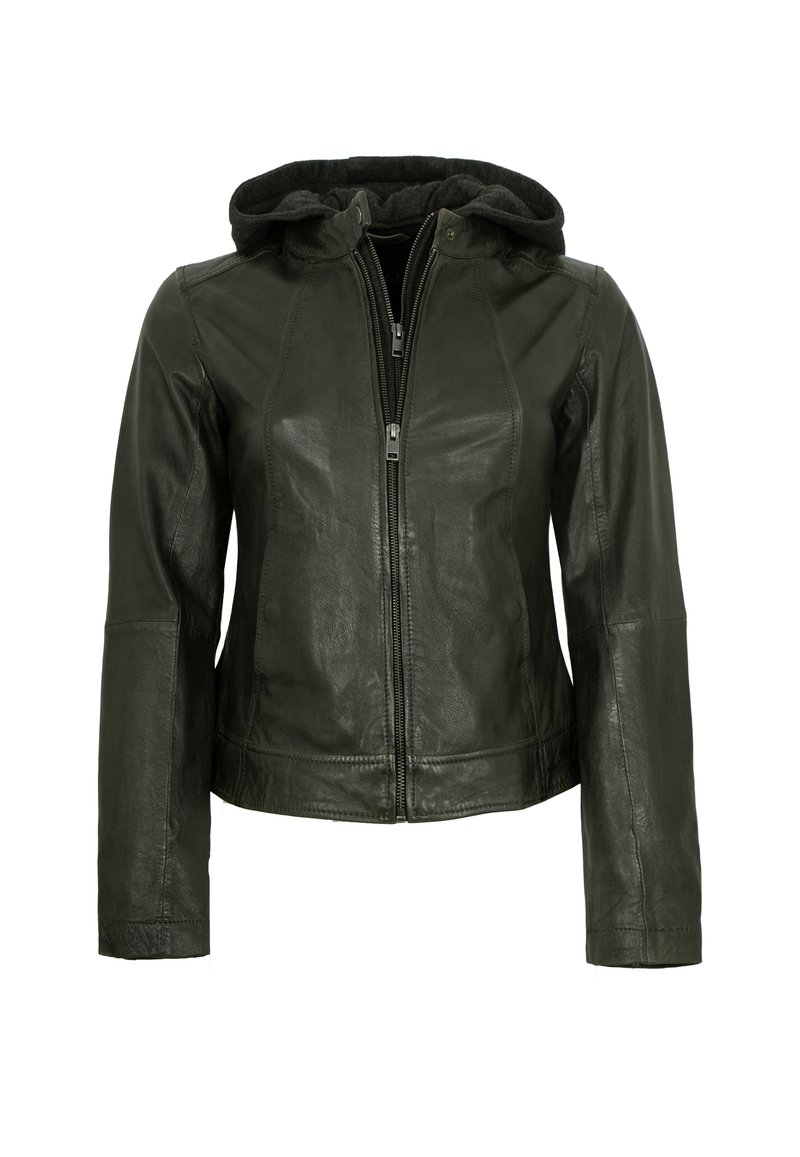 Dunkelgrüne Lederjacke mit Kapuze, Reißverschluss vorne und tailliertem Design. Verfügt über eine glatte Textur und maßgeschneiderte Fit-Details an Ärmeln und Körper.