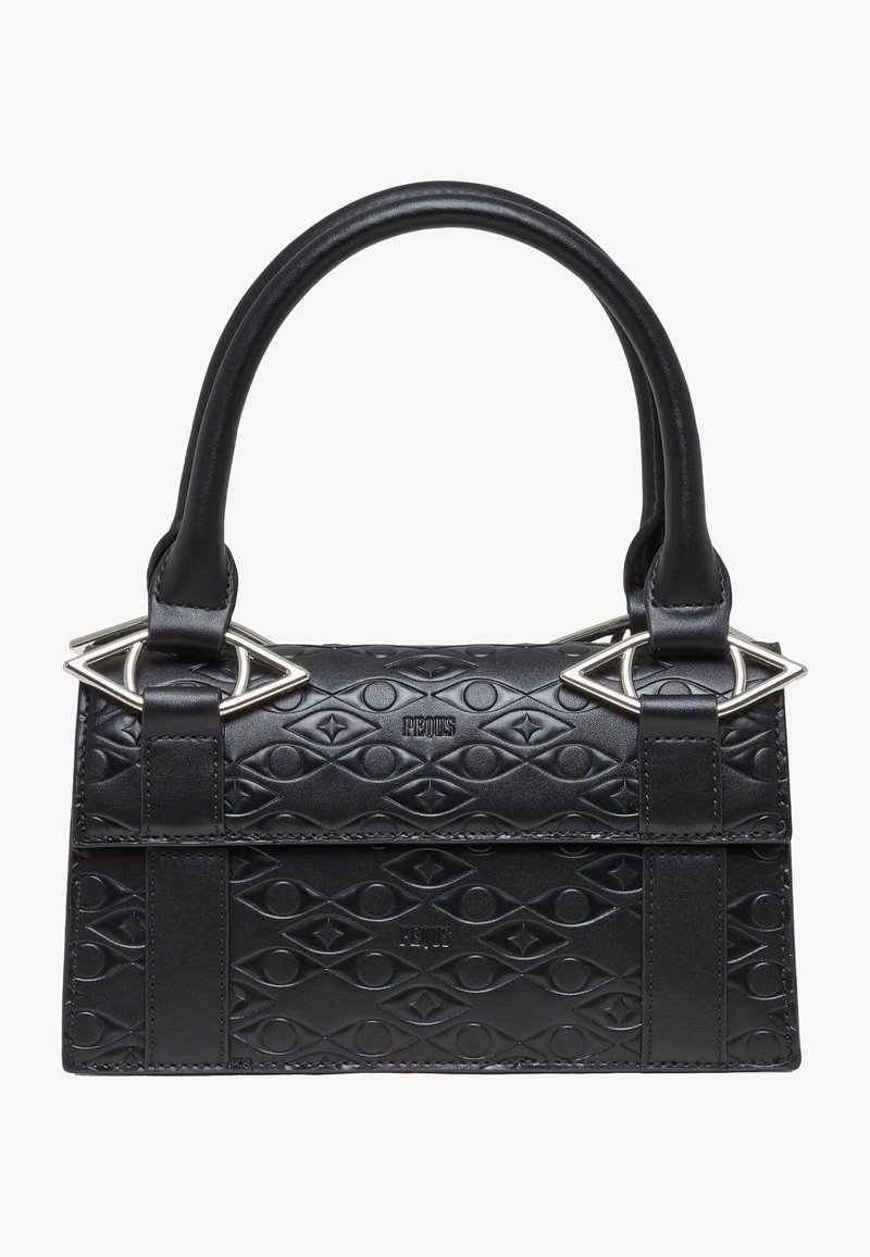 Schwarze Lederhandtasche mit geprägt Augenmuster, strukturierte Form, doppelte Obergriffe und metallische augenförmige Hardware-Akzente.
