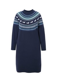 Vestito a maglia navy con maniche lunghe, colletto alto e uno yoke decorato con disegni blu chiaro e bianchi, comprendente silhouette di cani e forme geometriche.
