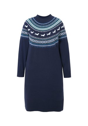 Marineblaues Strickkleid mit langen Ärmeln, stehendem Kragen und gemusterter Passe mit hellblauen und weißen Designs, darunter Hundefiguren und geometrische Formen.