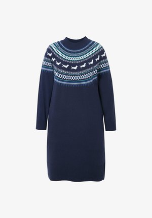 Navy knit dress with long sleeves, mock neck, and patterned yoke featuring light blue and white designs, including dog silhouettes and geometric shapes.