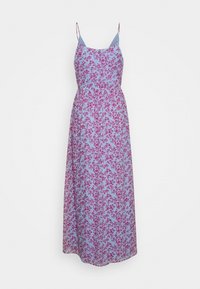 Maxi mekko, jossa on sininen tausta ja vaaleanpunaisia kukkia, ohuet olkaimet, pukeutunut vyötärö ja virtaava siluetti.