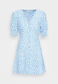 Blaues Blumenmuster-Kleid mit Puffärmeln, V-Ausschnitt und Knopfleiste. Es hat eine geraffte Taille und einen ausgestellten Rock und besteht aus leichtem Stoff.