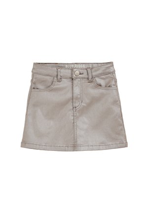 Gonna in denim grigio metallico con vita aderente, cinque tasche e chiusura con bottoni frontale. Presenta un orlo dritto e una leggera lucentezza.