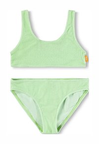 Set di bikini verde chiaro realizzato in tessuto strutturato, composto da un crop top con spalline larghe e slip coordinati con taglio a vita bassa.