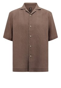 Camicia a maniche corte con bottoni in tessuto marrone testurizzato. Presenta un colletto a camicia e sei bottoni sul davanti, con orlo dritto.