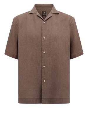 Camicia a maniche corte con bottoni in tessuto marrone testurizzato. Presenta un colletto a camicia e sei bottoni sul davanti, con orlo dritto.