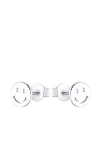 Orecchini a perno in argento con design rotondo a faccina sorridente, con dettagli incisi per gli occhi e la bocca. Superficie liscia, meccanismo di chiusura semplice.