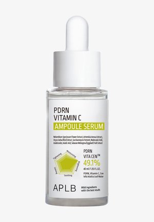 Gennemsigtig dråbeflaske med PDRN Vitamin C Ampul Serum med ingrediens- og fordeloplysninger, der fremhæver 49,1% aktivt indhold og 40 ml volumen.