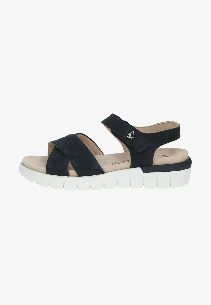 Marineblauwe suède sandaal met twee kruisbanden, een verstelbare enkelband en een witte, gevoerde zool met ribbels voor grip.