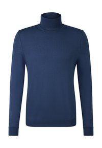 Granatowy sweter z długim rękawem i golfem, z prążkowanymi mankietami i dolnym wykończeniem, wyeksponowany na białym tle.