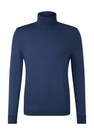 Pull à col roulé à manches longues bleu marine avec des poignets et un ourlet côtelés, présenté sur fond blanc.