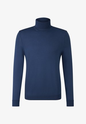 Mørkeblå langærmet turtleneck sweater med ribbede manchetter og kant, præsenteret på hvid baggrund.