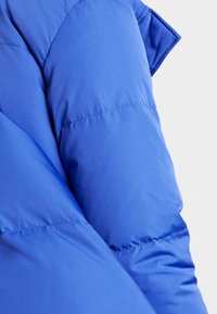 Padded jacket with a smooth, vibrant blue exterior. Features a rounded shoulder design and visible stitching along the seams.