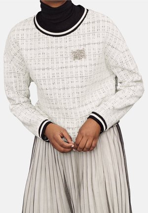 Persoon die een witte textuurtrui draagt met zwart-witte bies, een zwarte coltrui, een zilveren broche en een lichtgrijze geplooide rok.