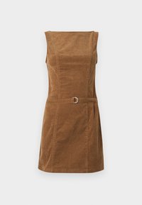Braunes Cordstoffkleid mit quadratischem Ausschnitt, ärmellosem Design, tailliertem Oberteil und einem Gürtel mit silbernem, rundem Verschlussdetail.