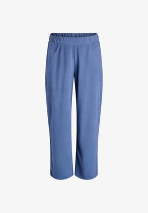 Pantalons de survêtement en polaire bleu clair avec une taille élastique. Couleur à longueur de genoux, texture douce et design simple sans motifs ni embellissements supplémentaires.