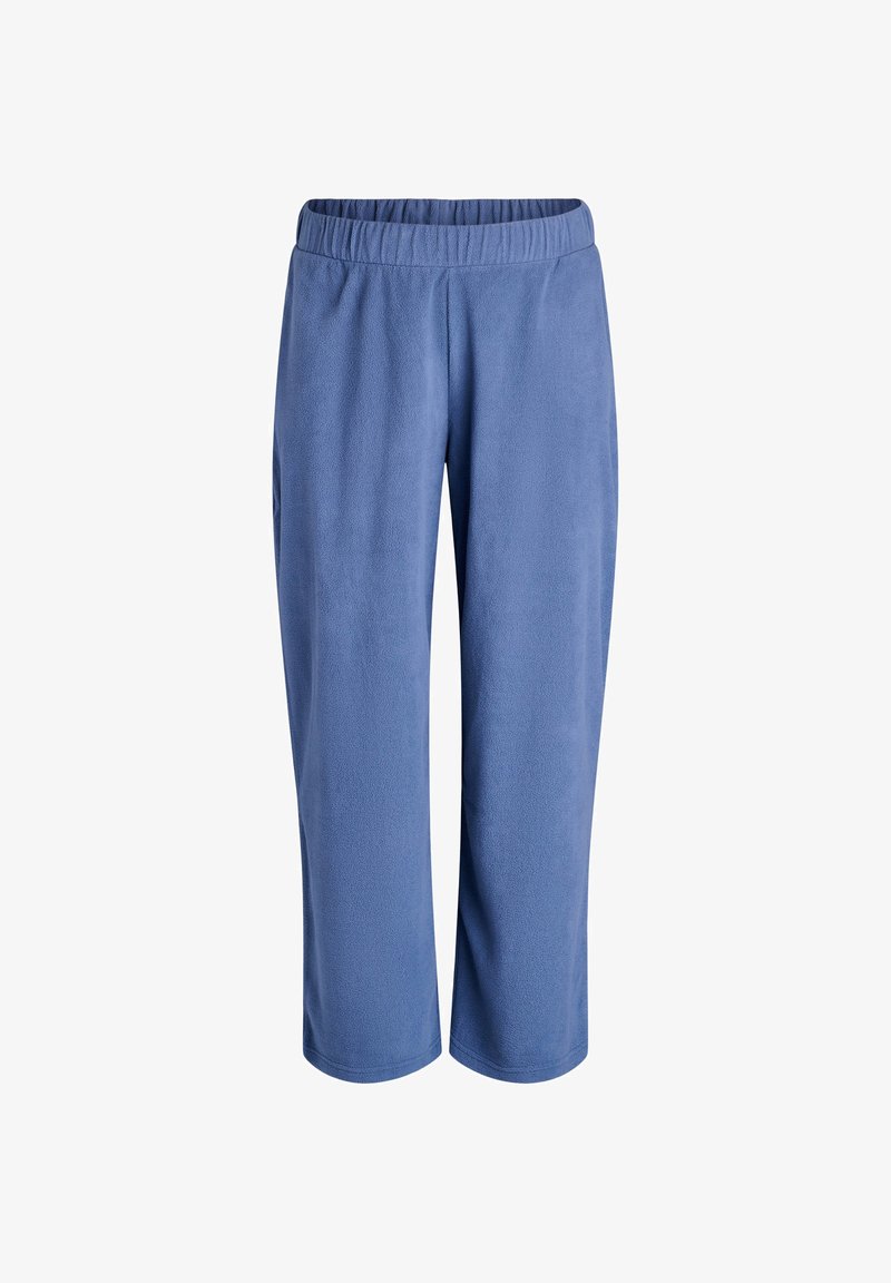 Gaiši zili flīsa bikses ar elastīgu jostu. Ceļgala garuma griezums, mīksta tekstūra un vienkāršs dizains bez papildu rakstiem vai rotājumiem.