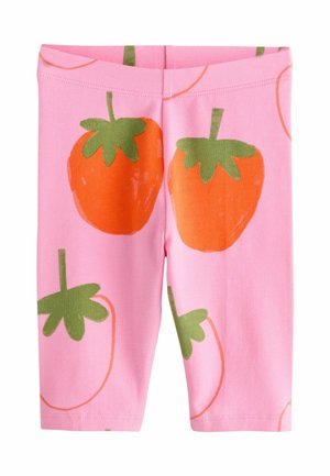 Roze kindertights met grote oranje aardbeienprints met groene bladeren.