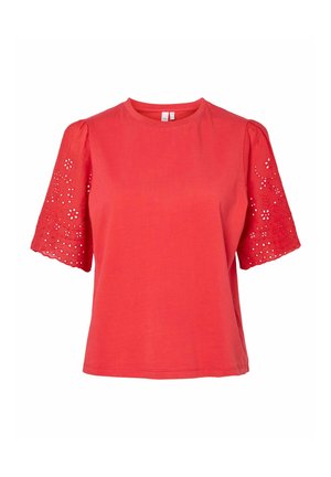 Rød bluse med korte ermer, rund hals og blomstrete hullbroderi på ermene, løstsittende passform, ensfarget kropp.