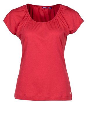 Czerwona damska bluzka z krótkim rękawem, okrągłym dekoltem i delikatnymi marszczeniami przy kołnierzyku, wykonana z miękkiego materiału, pokazana na płasko.