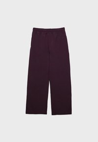 Pantaloni a gamba larga viola con cintura elasticizzata, realizzati in morbido cotone, caratterizzati da una texture liscia e un design a taglio dritto.