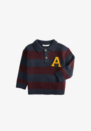 Pull à manches longues bleu marine et bordeaux à rayures avec col, deux boutons et grande lettre "A" jaune sur la poitrine.