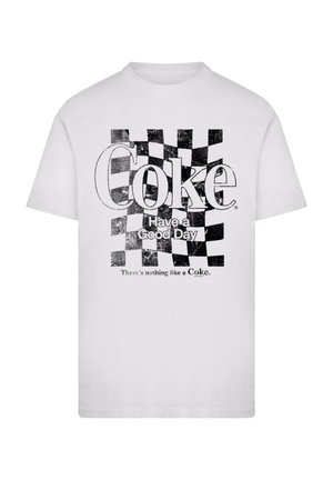 White cotton t-shirt featuring a black and gray checkerboard print with "Coke" and "Have a Good Day" text in bold font.