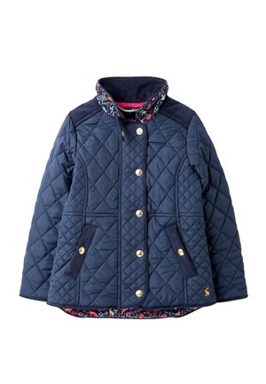 Marineblauwe doorgestikte jas met gouden knopen, corduroy afwerking op schouders en manchetten, bloemmotief kraag en twee voorzakken, kindermaat.