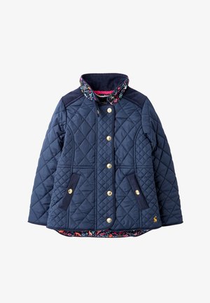 Chaqueta acolchada azul marino con botones dorados, ribete de pana en los hombros y los puños, cuello con estampado floral y dos bolsillos delanteros, talla infantil.