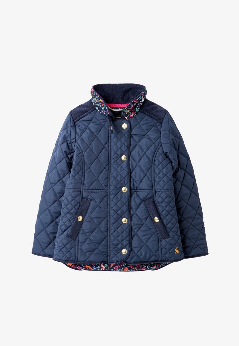 Veste matelassée bleu marine avec boutons dorés, bordure en velours côtelé sur les épaules et les poignets, col à motif floral, et deux poches avant, taille enfant.