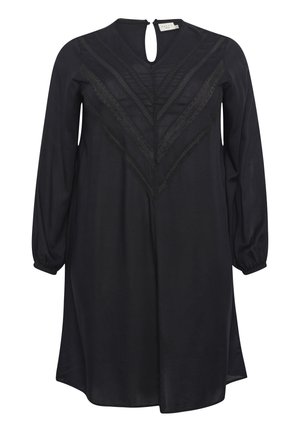 Robe noire avec de longues manches bouffantes, un décolleté en forme de keyhole et des détails en chevrons texturés. Matière douce avec une coupe décontractée.
