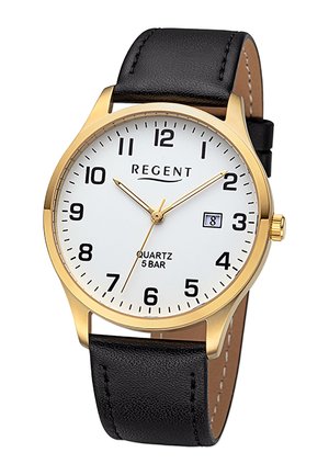 Quartz watch with a gold-tone metal case, white face, black numerals, date display, and black leather strap. Water-resistant to 5 bar.