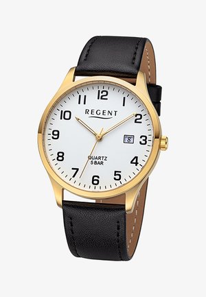 Quartz watch with a gold-tone metal case, white face, black numerals, date display, and black leather strap. Water-resistant to 5 bar.