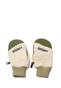 Guanti verdi e crema con esterno in pile e polsini a coste. Presentano il testo "GOSOAKY" ricamato su ciascun guanto.
