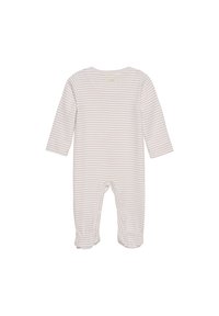 Randig baby bodysuit i mjuk bomull med lång ärm, i ljusrosa och vita horisontella ränder samt knäppning i botten.
