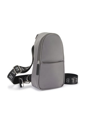 Gray nylon crossbody bag with a rounded top, zippered closure, front pocket, and adjustable strap featuring a bold logo design.