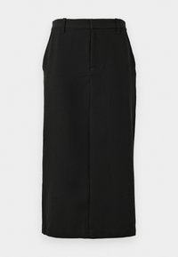 Jupe crayon noire, longueur genou, en tissu lisse. Comprend une taille avec passants de ceinture et une poche latérale dissimulée. Design ajusté.