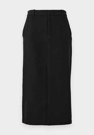 Svart blyertskjol, knälång, tillverkad av mjukt tyg. Har en midjeband med bältesöglor och en dold sidficka. Skräddarsydd design.