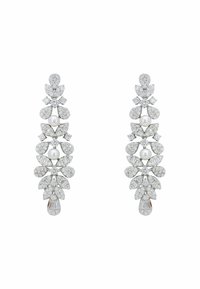 Long silver earrings featuring a floral design, adorned with clear stones and pearls. The earrings include teardrop accents and varied shapes.
