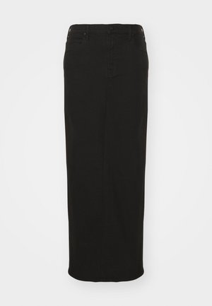 Svart denim maxi skjørt med rett snitt, knappelukking og fem lommer. Laget av solid bomullsmateriale med en glatt tekstur.